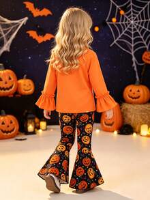 2pcs/Set Pakaian Anak Perempuan Kasual Motif Atasan Lengan Panjang & Celana Panjang Model Flare Motif Potongan Acak, Musim Semi/Musim Gugur Halloween - Jeruk - View 4