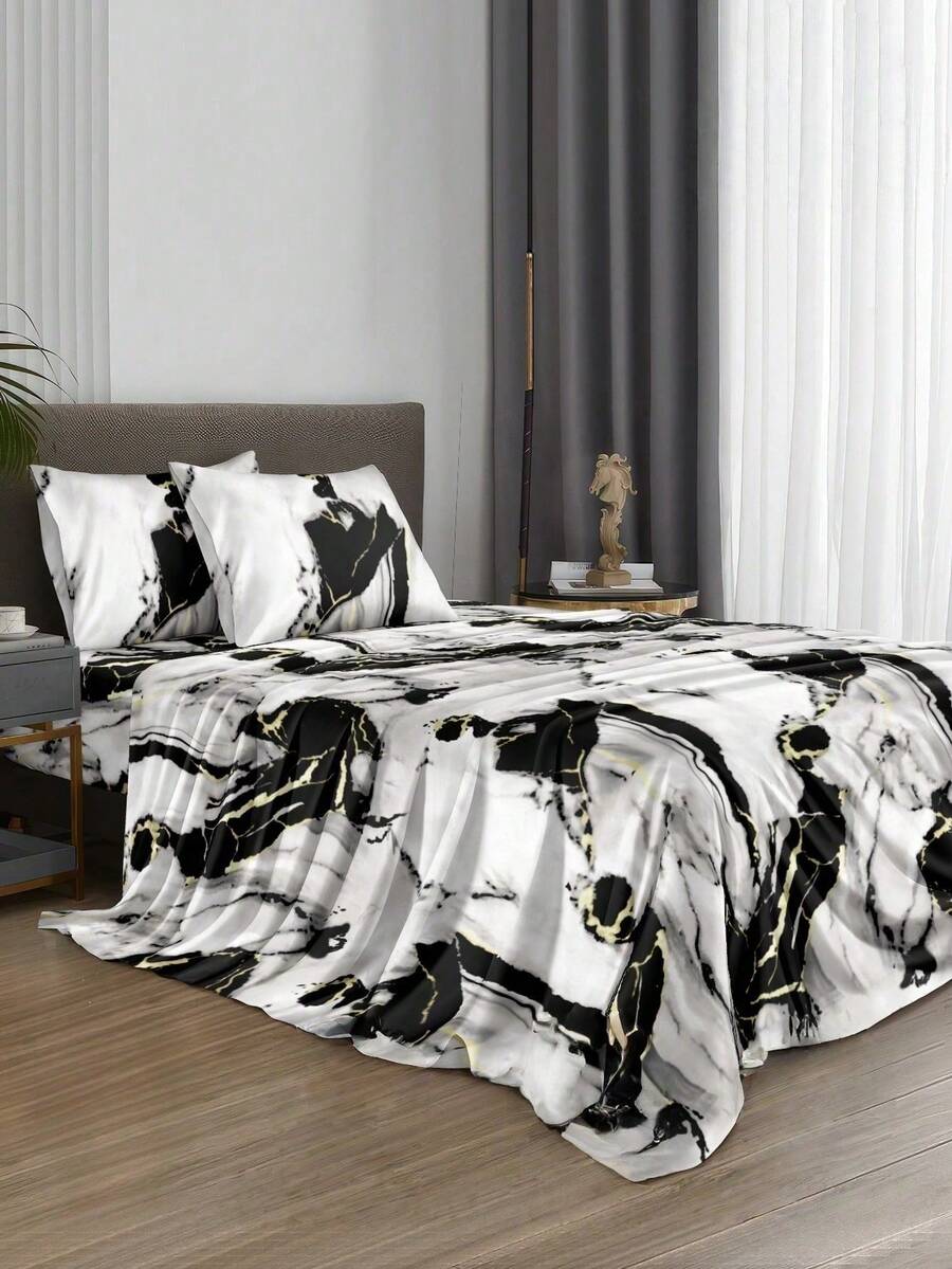 4-Piece Black And White Marble Pattern Bedding Set, Easy Care Soft Bedding Set, Includes 1 Flat Sheet + 1 Fitted Sheet + 2 Pillowcases, Suitable For King/Queen/Full/Twin Sizes, Deep Pocket Fitted Sheet Fits Up To 11.8 Inches, Soft Breathable Wrinkle-Resistant - Multicolor - View 1