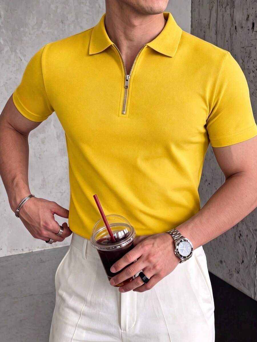 男士輕量夏季 Polo 半拉鍊短袖襯衫，必備夏季時尚穿搭