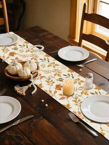 1pc Autumn Leaves & Berries Table Runner - Polyester Material, Rectangular Autumn Decor, Suitable For Thanksgiving, Kitchen And Dining Room, Festive Orange, Brown And Green Leaf Pattern On Cream Background, Perfect For Holiday Parties, Home Autumn Decoration - Ginger - View 4