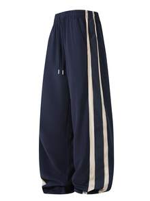 Men's Navy Casual Sweatpants,Drawstring Waist With Beige Side Stripe Design ,Versatile Straight Leg Trousers For Weekend Outings Sports Fall - Navy Blue - View 5