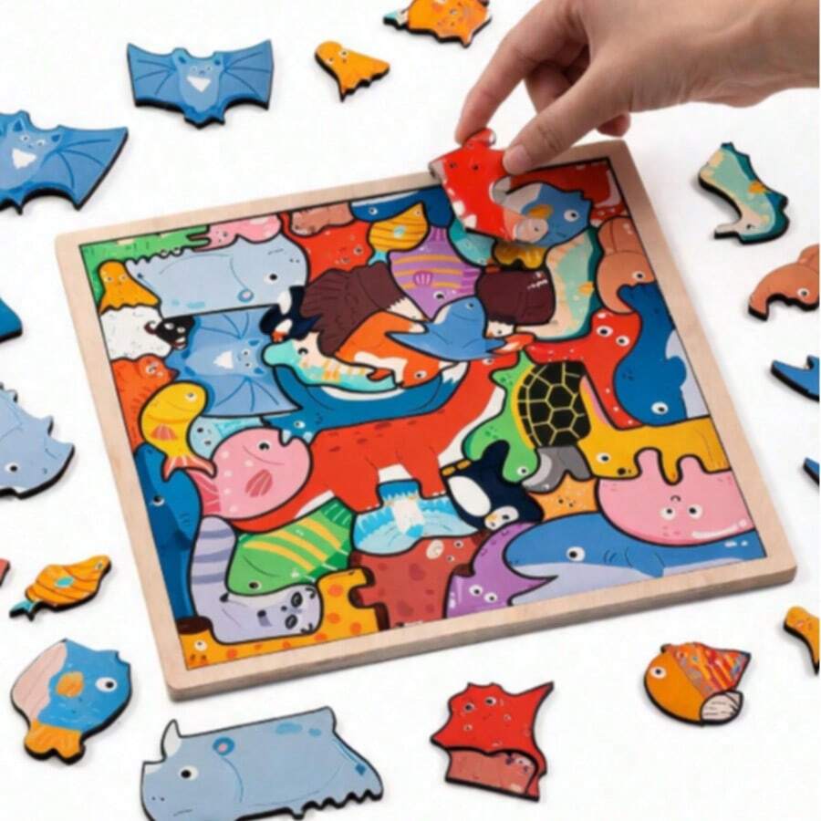 Puzzle Kayu 3D Hewan Kartun untuk Balita, Mainan Edukasi Jigsaw Asimetris untuk Melatih Koordinasi Mata dan Tangan