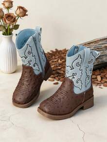 1 Pair Girls Brown Light Blue Two Tone Embroidery Western Ankle Boots, Spring Autumn Kids Footwear - Blue - View 4