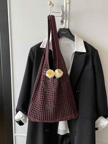 Casual Versatile Crochet Knit Large Capacity Shoulder Bag - Brown - View 2