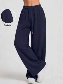 Never me Women's Loose Casual Sports Long Pants With Side Pockets And Drawstring Waist, Straight Leg Daily Fitness Pants - Navy Blue - View 3