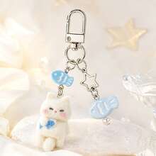 1pc/2pcs Women's Cartoon Flocked Cat With Fish Pendant, Beaded Fish Charm Keychain, Cute Bag Accessory - Multicolor - View 5