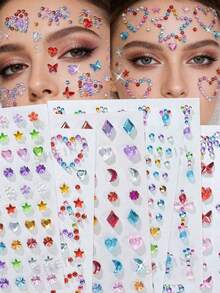 10/4/1 Sheets Sequin Heart Star Stickers Self-Adhesive Rhinestone Diamond Shape Design For Makeup And Clothing, Multi-Color Diamond Face Gems For Valentine's Day, Festivals, Parties And Events - Multicolor - View 2