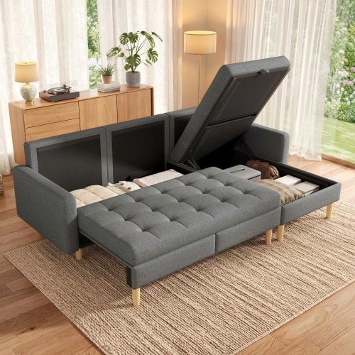Corner Sofa With Storage, L-Shaped Sofa With Reversible Chaise Longue - Grey - View 1