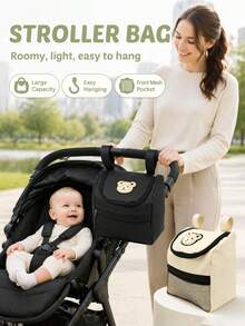 1pc Cute Bear Patch Baby Stroller Storage Bag, Multi-Function Diaper Organizer, Large Capacity Mom Essential - Multicolor - View 3