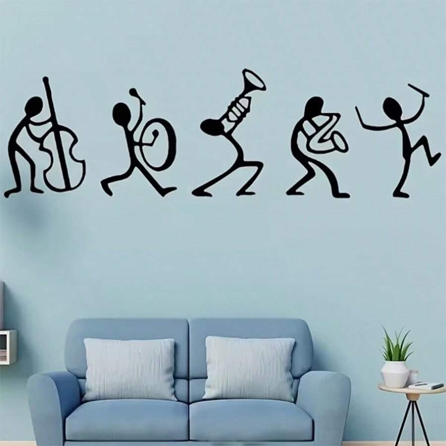 Creative Black Stick Figure Abstract Music Note Wall Sticker Bedroom Living Room Band Silhouette Decal - D - View 1