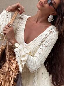 Women's Solid Color Hollow Out Single-Breasted Elegant Knit Long Sleeve Dress - White - View 8