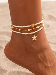 3pcs Summer Bohemian Style Women's Simple White Beaded, Faux Pearl Beaded Anklet Set, Gold Starfish & Shell Decor, Suitable For Daily Wear, Beach, Travel, Gift - Multicolor - View 2