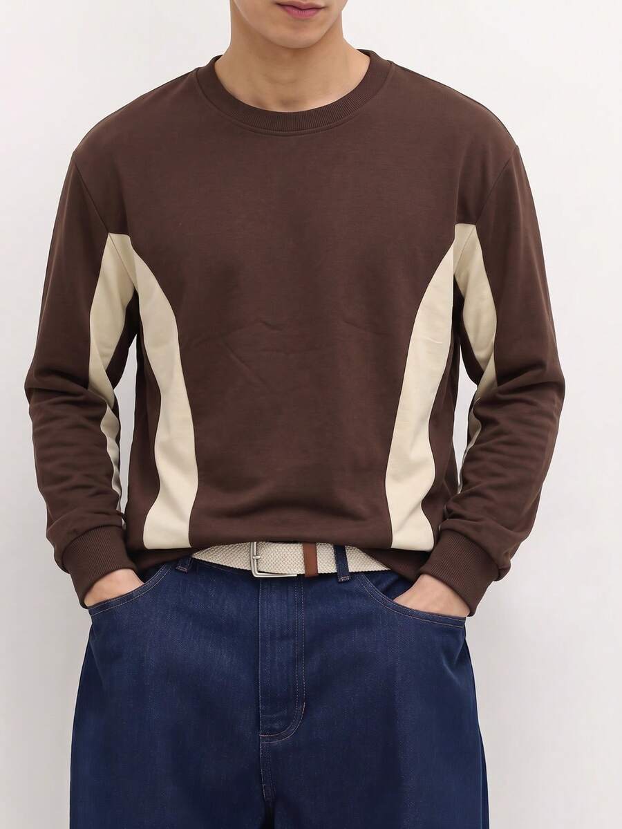 Men's Vintage Brown Side Colorblock Vertical Stripe Crew Neck Long Sleeve T-Shirt, Spring/Autumn Casual Commuter Base Layer Top - Brown - View 1
