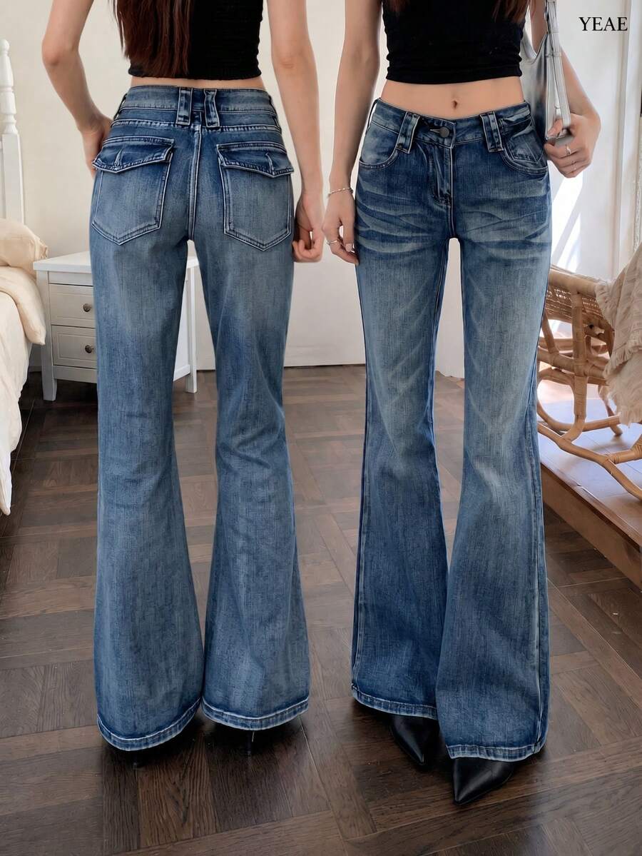 YEAE | Designer Gradient Non-Clinging Flared Jeans Women 2025 New Style Stretch Slimming Floor-Length Bell Bottom Pants Casual Fall - Medium Wash - View 1