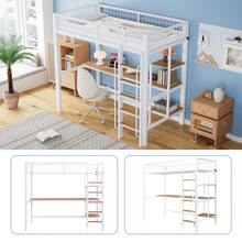 Bed Frame With Shelves And Table - Suitable For Children And Teenagers - Natural and White - 查看 8