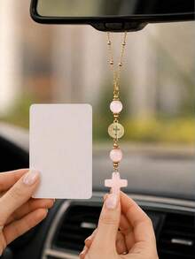 Pink Crystal Cross Car Rearview Mirror Hanging Ornament, Bohemian Handmade Sun Catcher With Gold Chain And Natural Stone Beads, Elegant Spiritual Protection Amulet, Suitable For Various Car Interior Decoration - Cross Pendant - View 3