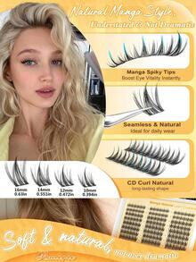 Manga Style Slim Curly Eyelash Clusters, Pointed Natural Fluffy Soft Extended Lashes, 10-16mm Mixed Length Lightweight DIY Cluster Lashes, Suitable For Daily Wear And Cat Eye Makeup - D - 查看 6