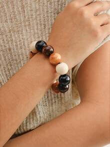 Nocturel 2.0cm Vintage Wood Bead Single Layer Elastic Bracelet For Women - Coffee Brown - View 2