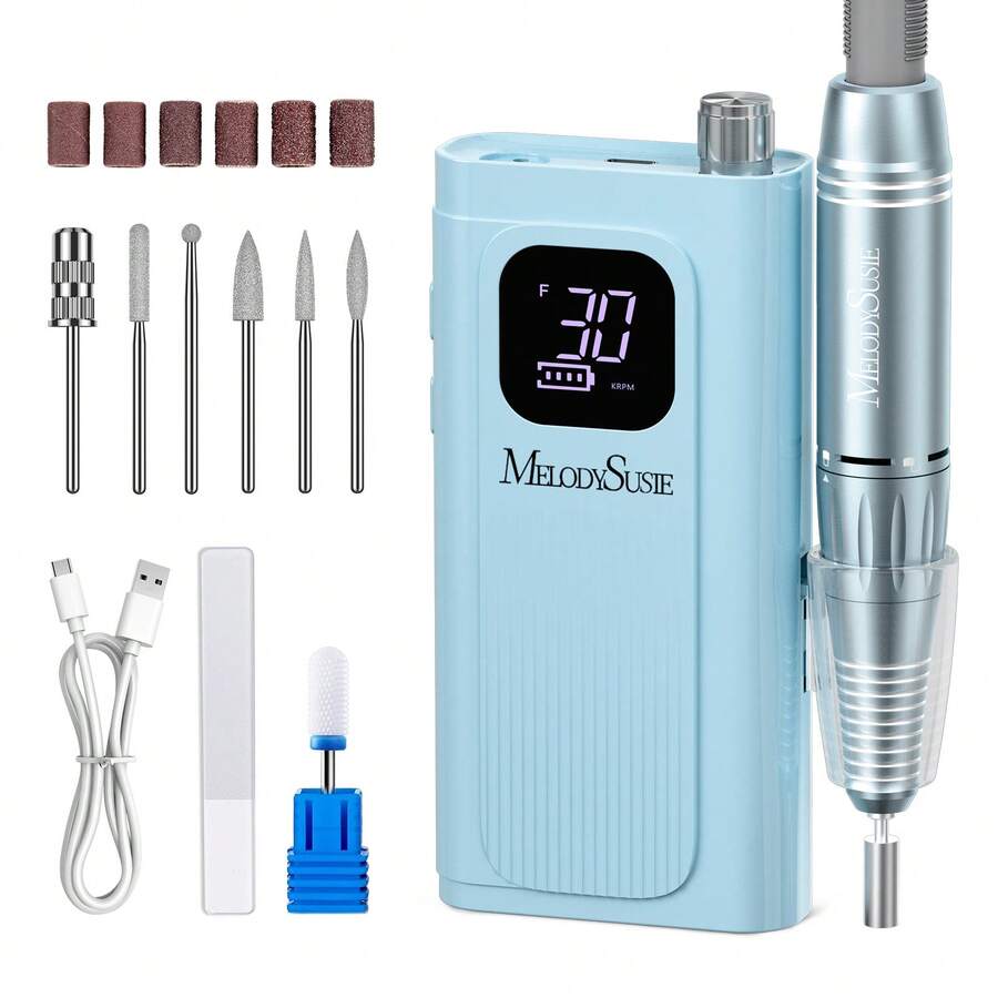 Professional Nail Drill Kit, 30000RPM Cordless Electric Nail File With LCD Display, Rechargeable 4000mAh Battery Nail Efile For Acrylic & Gel Nails, Manicure Pedicure, Salon & Home Use - 海洋藍 - 查看 1