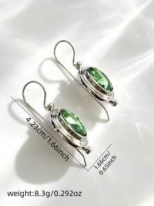 1 Pair Minimalist Silver-Plated Olive Green Crystal Drop Earrings, French Vintage Oval Rhinestone Water Drop Dangle Earrings, Elegant Gemstone Jewelry Accessory, Suitable For Women's Daily Wear And Dating Gifts - Silver - View 5