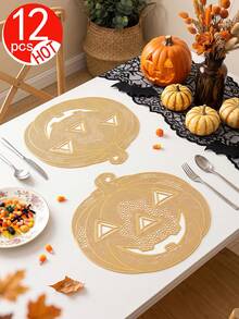 2-6pcs Gold Pumpkin Placemats, PVC Material Halloween Pumpkin Table Mats, Washable, Easy To Clean, Wipeable, Non-Slip, Heat Resistant, For Room Decor, Home Dining Table Decor, Home Decoration, Suitable For Holidays, Parties, Birthdays, Weddings And Dinner Parties - Multicolor - View 12