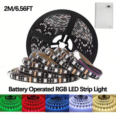 Lfon Battery Powered RGB LED Strip Lights 2M 6.56FT, Color Changing LED Tape Light With 3-Key Controller Powered By 3*Batteries (Not Included), IP65 Waterproof Flexible Cuttable Self Adhesive Rope Light For PC Desk Camping DIY Home Decoration Party