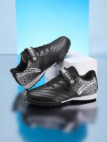 1 Pair Kids Hook And Loop Studded Soccer Training Shoes, Non-Slip Rubber Sole, Daily Match Football Sports Shoes - Black - View 7
