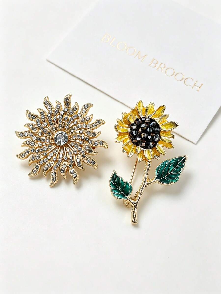 Full Rhinestone Radiating Sunflower Brooch + Oil-Drip Stem Sunflower Pair Pins, Warm Gold Vintage Suit Coat Collar Anti-Exposure Accessory - Multicolor - View 1