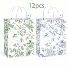 6/12/24Pcs Botanical Toile Print Paper Gift Bags, Green & Blue Floral Bird Pattern Flat Bottom Tote Bags With White Twisted Handles For Wedding, Birthday, BabyShower, Bridal Shower, Mother's Day, Garden Party Gift Packaging - View 7