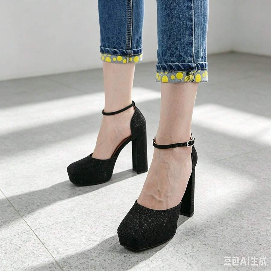 Zapatos cerrados plataforma con tacón grueso y purpurina, correa tobillera ajustable, calzado elegante para mujer, fiestas y salidas nocturnas