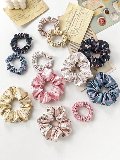 12pcs/Set Multi-Color Minimalist Versatile Satin Scrunchies Hair Accessories For Women, 6 Large Scrunchies + 6 Small Scrunchies, High Elasticity, Can Be Stretched And Tied 2+ Times, Ditsy Floral Scrunchies Hair Ties