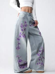 1pc American Street Style Women's Embroidered Loose Casual Wide Leg Jeans Long Pants Fashion All Season Fall - Mauve Purple - View 5