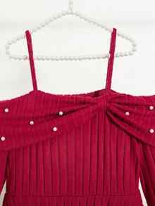 Tween Girls School Dress Autumn New Back To School Dress Fashion Versatile Red Ribbed Off-Shoulder Strap Beaded Decor Design Patchwork Casual A-Line Dress Elegant Vintage Princess Dress Suitable For Outdoor Wear - Red - View 5