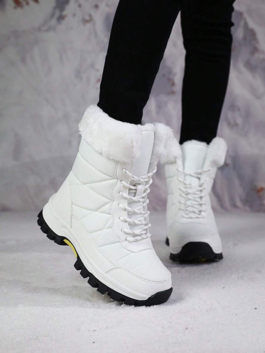 2026冬季新款女款綁帶中筒雪地靴，中筒冬季鞋，戶外休閒運動靴，百搭休閒鞋，適合冬季旅行 - 白色 - 查看 1