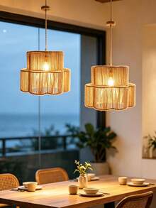 1 pièce Grand abat-jour en corde de papier style Wabi-Sabi à vagues de pétales, luminaire suspendu/plafonnier en rotin synthétique tressé creux fait main, accessoire d'éclairage d'ambiance pour décoration intérieure INS/chambre/salon/cuisine, B&B, restaurant, fête de remise des diplômes - Fleur à deux étages - Voir 2