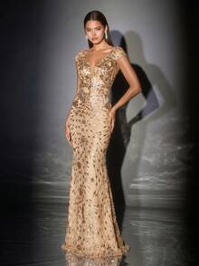 XUIBOL Spring/Summer Women's High-Quality Elastic Sequin V-Neck Cap Sleeve Mermaid Hem Design Solid Color Elegant Luxury Long Dress, Showcasing Feminine Youthful Charm, Suitable For Various Parties, Graduation Ceremonies, Weddings, Events, Banquets And Balls (Luxury Edition) - 金色 - 查看 2