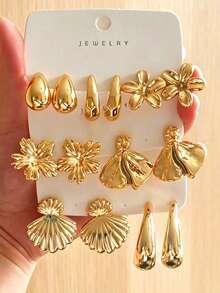 Juego de 2-7 pares de aretes tipo cuff para oreja con flores y conchas en oro desgastado vintage, estilo de diseñador de nicho, mezcla de múltiples formas, aretes de botón para uso diario - Dorado - Ver 1