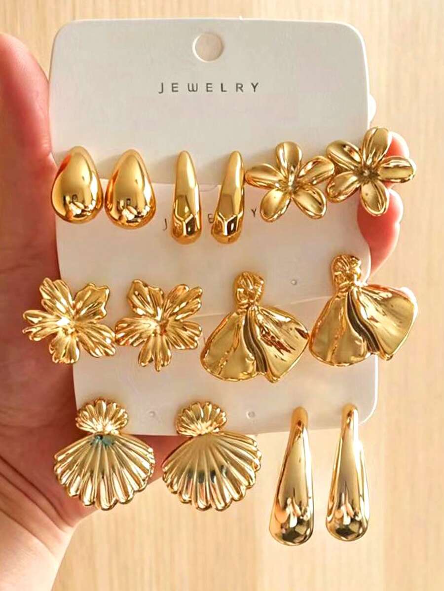 Juego de 2-7 pares de aretes tipo cuff para oreja con flores y conchas en oro desgastado vintage, estilo de diseñador de nicho, mezcla de múltiples formas, aretes de botón para uso diario - Dorado - Ver 1