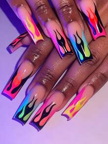 Show Your Beauty 24pcs Long Water Pipe Nails Elegant Cool Dopamine Macaron Colorful Gradient Flame Stripe French Glossy Shiny Bright White Fake Nails Fashion Versatile Wearable Nails Suitable For Dating Party Spring Summer Women And Girls Autumn Winter Daily Wear Removable Press-On Nail Set With Jelly Glue And Nail File Easy To Wear And Durable Jelly Glue Randomly Shipped - Multicolor - View 4