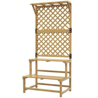 Plant Stand, Flower Shelf, 2 Tiers, With Trellis And Roof, Fir Wood, 75x50x166cm, Yellow