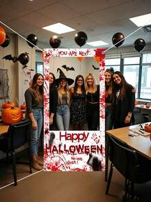 Halloween Party Photography Background, Halloween Theme Photo Frame Decoration, Photo Booth Backdrop With Blood Hand Design, For Halloween Party Supplies, Holiday Party Background Decor, Indoor Outdoor Party Decor, Horror Atmosphere Party Decoration - Terrifying Handprint - View 3