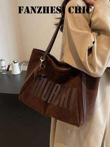 Fashion Solid Shoulder Bag Contrast Leather Letter Applique Detachable Elephant Soft Slouchy Tote Bag For Ladies Daily Workplace Use Large Capacity - Coffee - View 3