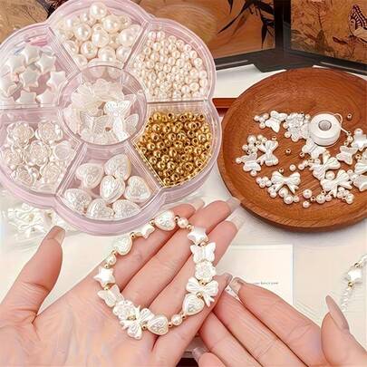 مجموعة خرز لؤلؤي مزيف بتصميم زهرة البرقوق 7-شبكة، طقم مواد DIY لصنع أساور وقلائد وسلاسل هاتف يدوية من الخرز