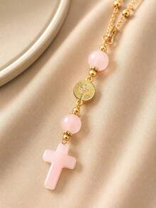 Pink Crystal Cross Car Rearview Mirror Hanging Ornament, Bohemian Handmade Sun Catcher With Gold Chain And Natural Stone Beads, Elegant Spiritual Protection Amulet, Suitable For Various Car Interior Decoration - Cross Pendant - View 7