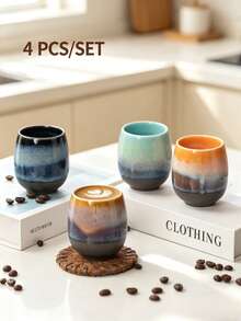 Juego de 4 piezas de tazas de café de cerámica esmaltada cocida al horno, tazas de espresso con esmalte reactivo, tazas de té pequeñas de estilo japonés, adecuadas para latte, café americano, microondas y lavavajillas, vajilla de color degradado único, adecuada para el hogar, la oficina, la cafetería - Multicolor - Ver 10