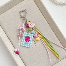 Cute Strawberry Bag Charm Keychain, Colorful Heart Beaded Tassel Pendant, Kawaii Candy Purse Charm, Backpack Accessory, Gift For Women Girls - Multicolor - View 5