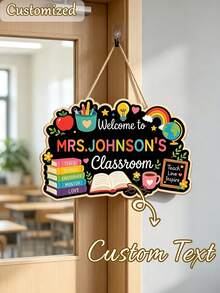 Customized Name Teacher Classroom Wooden Sign, Colorful Apple Rainbow Welcome Door Hanging Decor, Kindergarten/Elementary School Classroom Decoration, Teacher Appreciation Gift, Back To School Season, School Supplies, Personalized Gift, Teacher's Day Gift, Middle School Students - Multicolor - View 2