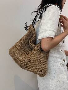 1件女款單肩包，附肩帶，輕量實用，極簡設計，草編織布料，適合日常使用與旅行 - 卡其色 - 查看 1