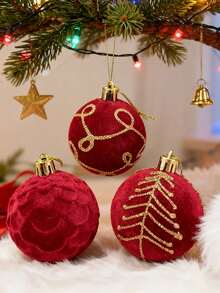 12pcs Burgundy Flocked Christmas Balls, Flocked Christmas Tree Hanging Ornaments, Suitable For Decorating Christmas Tree And Various Holiday Arrangements, Christmas Decorative Balls - Multicolor - View 1