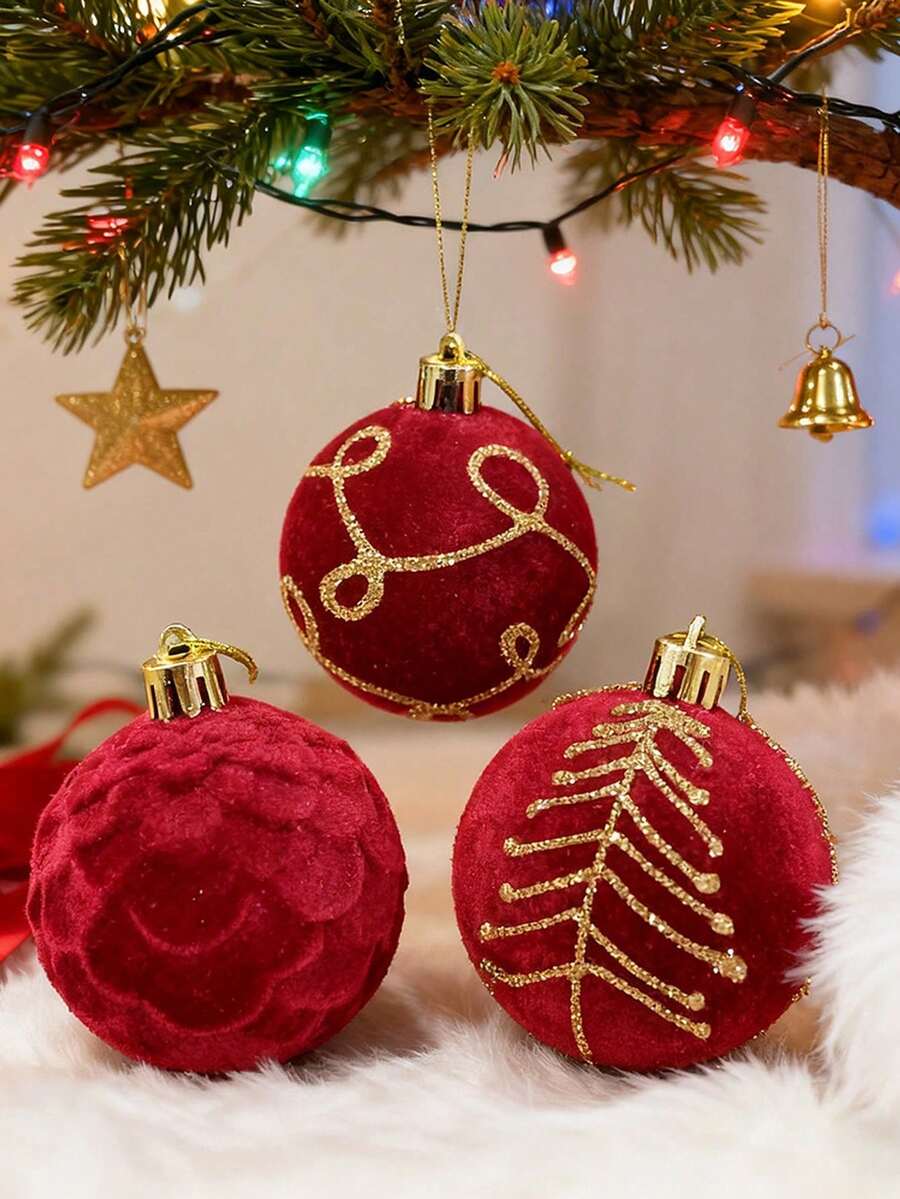 12pcs Burgundy Flocked Christmas Balls, Flocked Christmas Tree Hanging Ornaments, Suitable For Decorating Christmas Tree And Various Holiday Arrangements, Christmas Decorative Balls - Multicolor - View 1